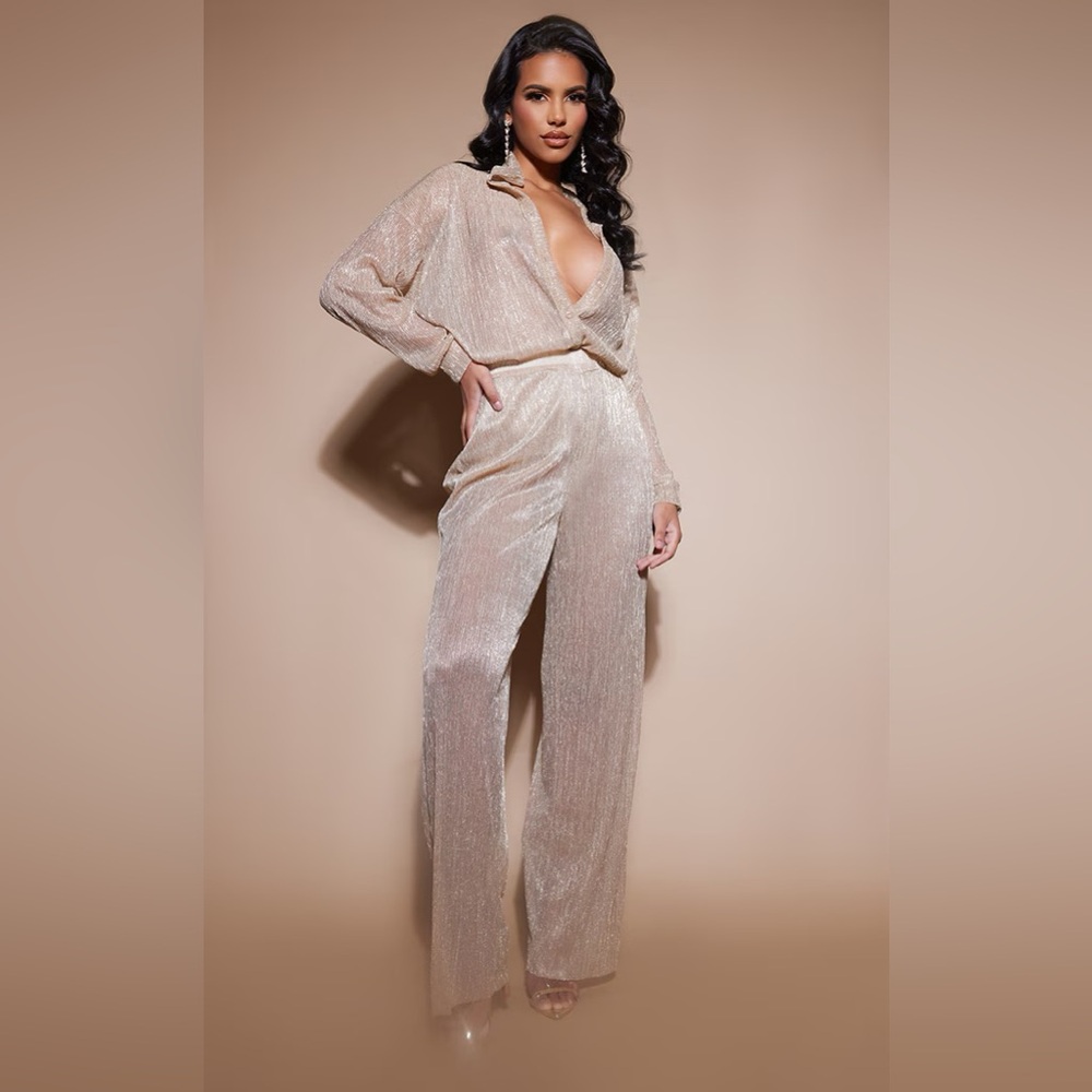 NUDE SHEER FOIL PLISSE WIDE LEG PANTS + NUDE SHEER FOIL PLISSE OVERSIZED SHIRT